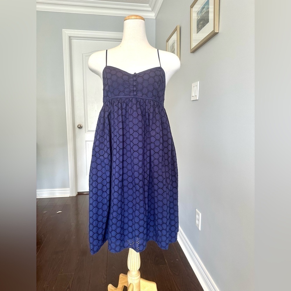 SUZY SHIER Navy Blue Eyelet Baby Doll Spaghetti Strap Empire Waist Summer Dress - Picture 3 of 10